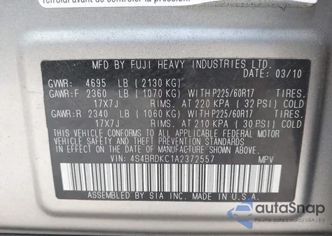2010 Subaru Outback 3.6R Limited from USA, damaged, VIN 4S4BRDKC1A2372557